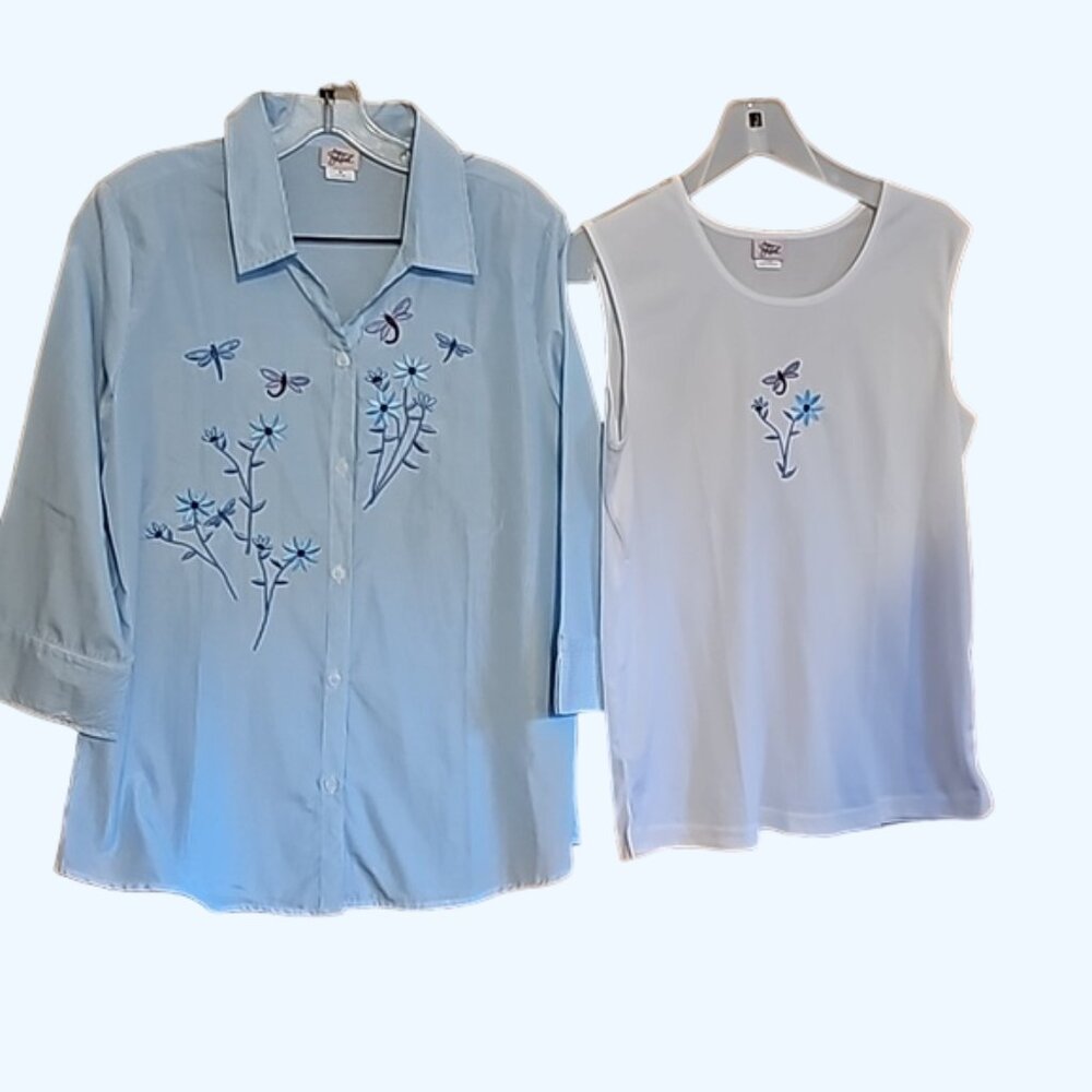 Adrian Dilafield 2 piece button down blouse with undershirt embroidered floral - Picture 4 of 12